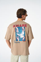 Oversize Cotton Tee / "AWARE" Dove Hands Symbolic Graphic Print