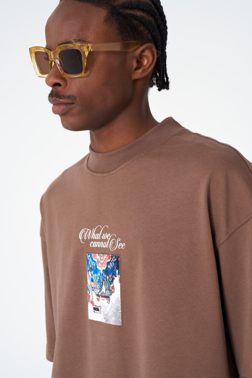 Oversize Cotton Tee / "AWARE" Dove Hands Symbolic Graphic Print
