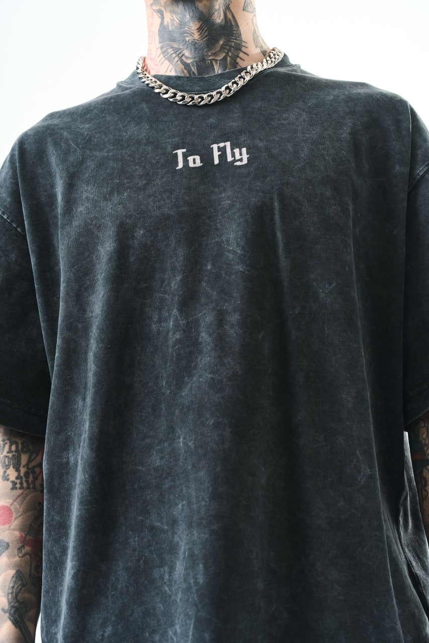Oversize Cotton Tee - Crows and "To Fly" Graphic Print