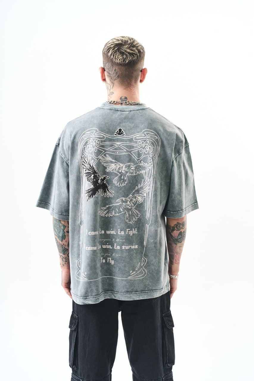 Oversize Cotton Tee - Crows and "To Fly" Graphic Print