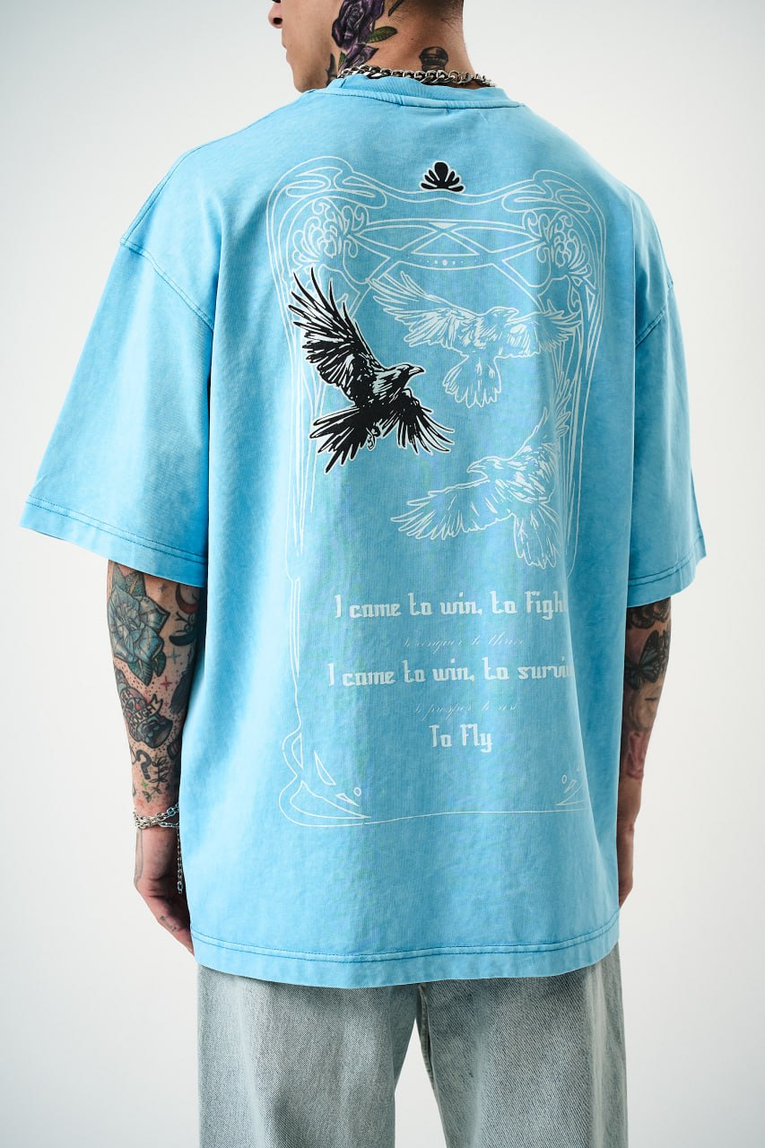 Oversize Cotton Tee - Crows and "To Fly" Graphic Print