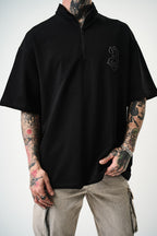Oversize Cotton Tee - Half-Zip High Neck Chain Graphic Shirt