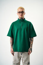 Oversize Cotton Tee - Half-Zip High Neck Chain Graphic Shirt