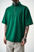 Oversize Cotton Tee - Half-Zip High Neck Chain Graphic Shirt