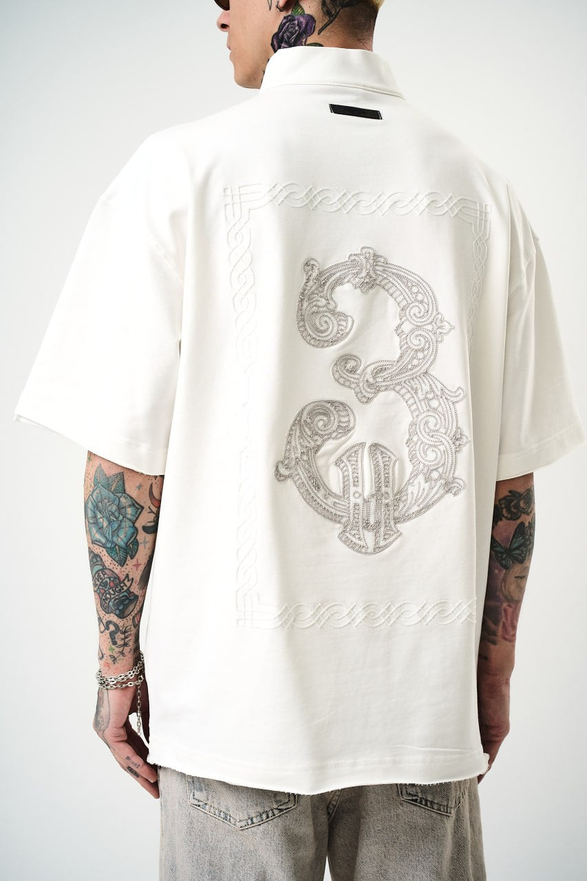 Oversize Cotton Tee - Half-Zip High Neck Chain Graphic Shirt
