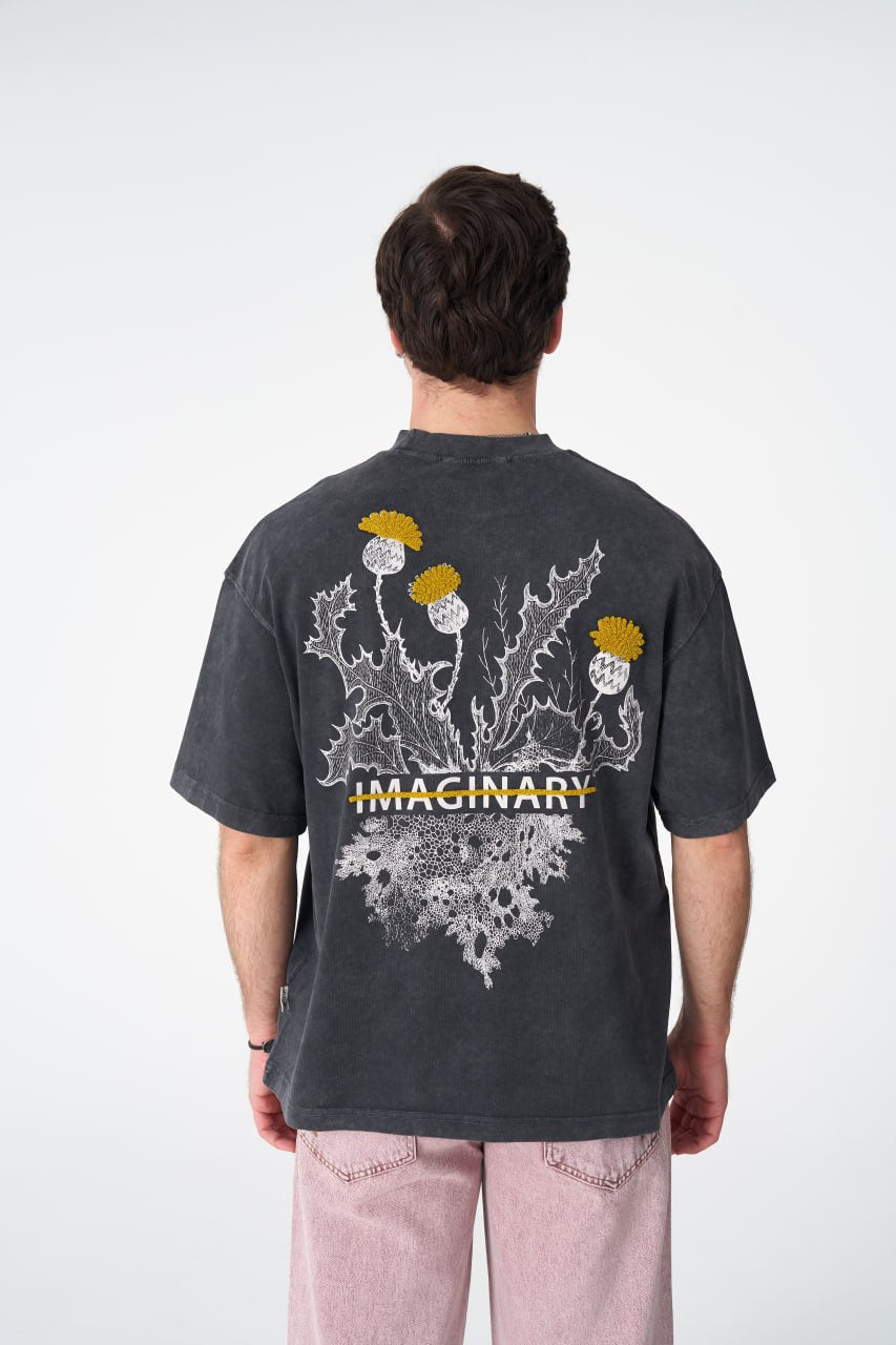 Oversize Cotton Tee - "IMAGINARY" Plant Graphic Print with Embroidery