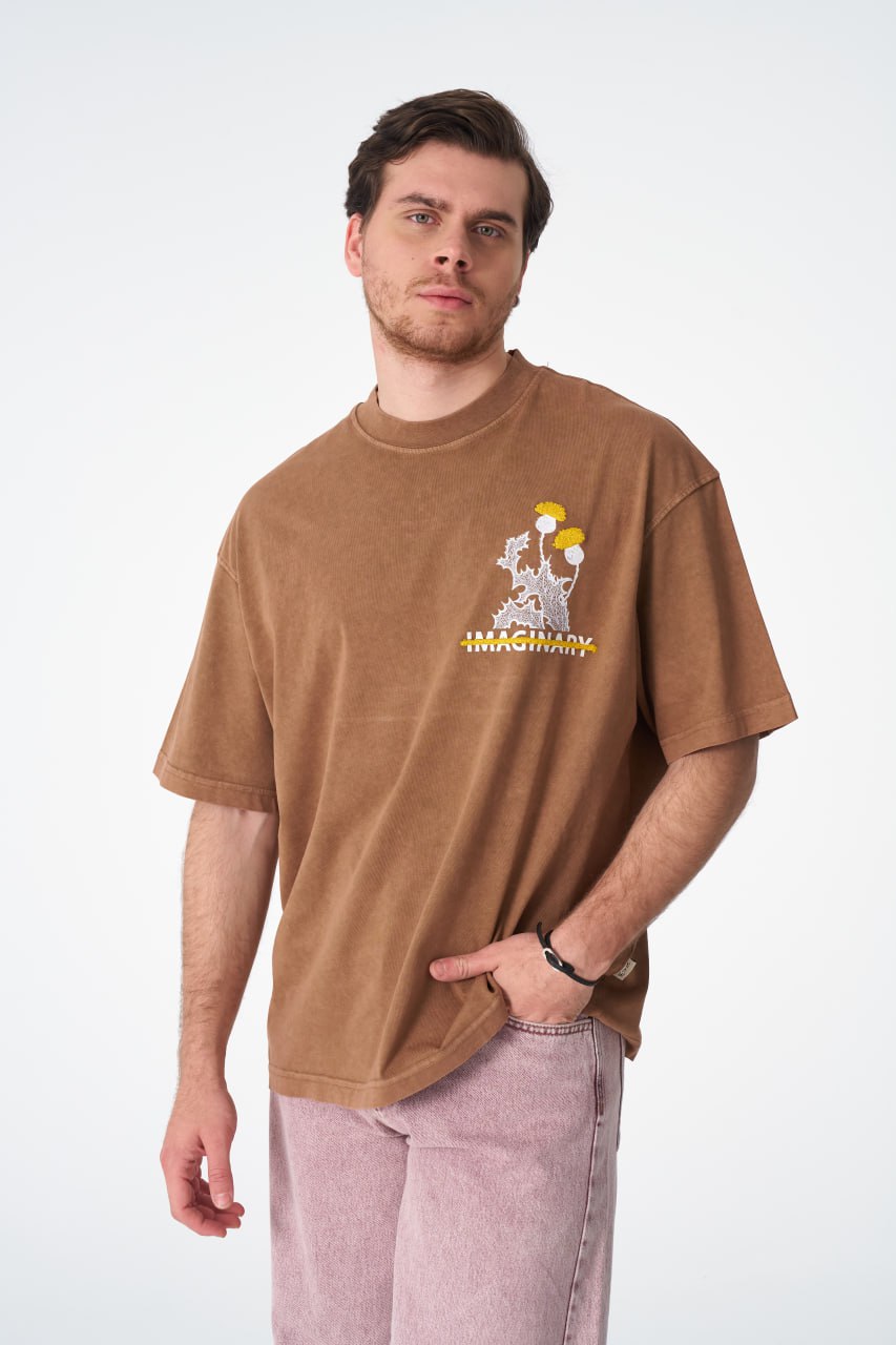 Oversize Cotton Tee - "IMAGINARY" Plant Graphic Print with Embroidery