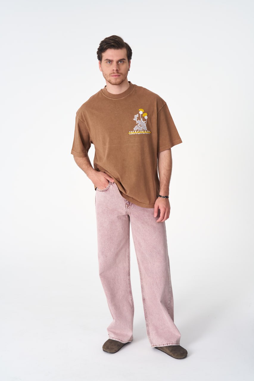 Oversize Cotton Tee - "IMAGINARY" Plant Graphic Print with Embroidery