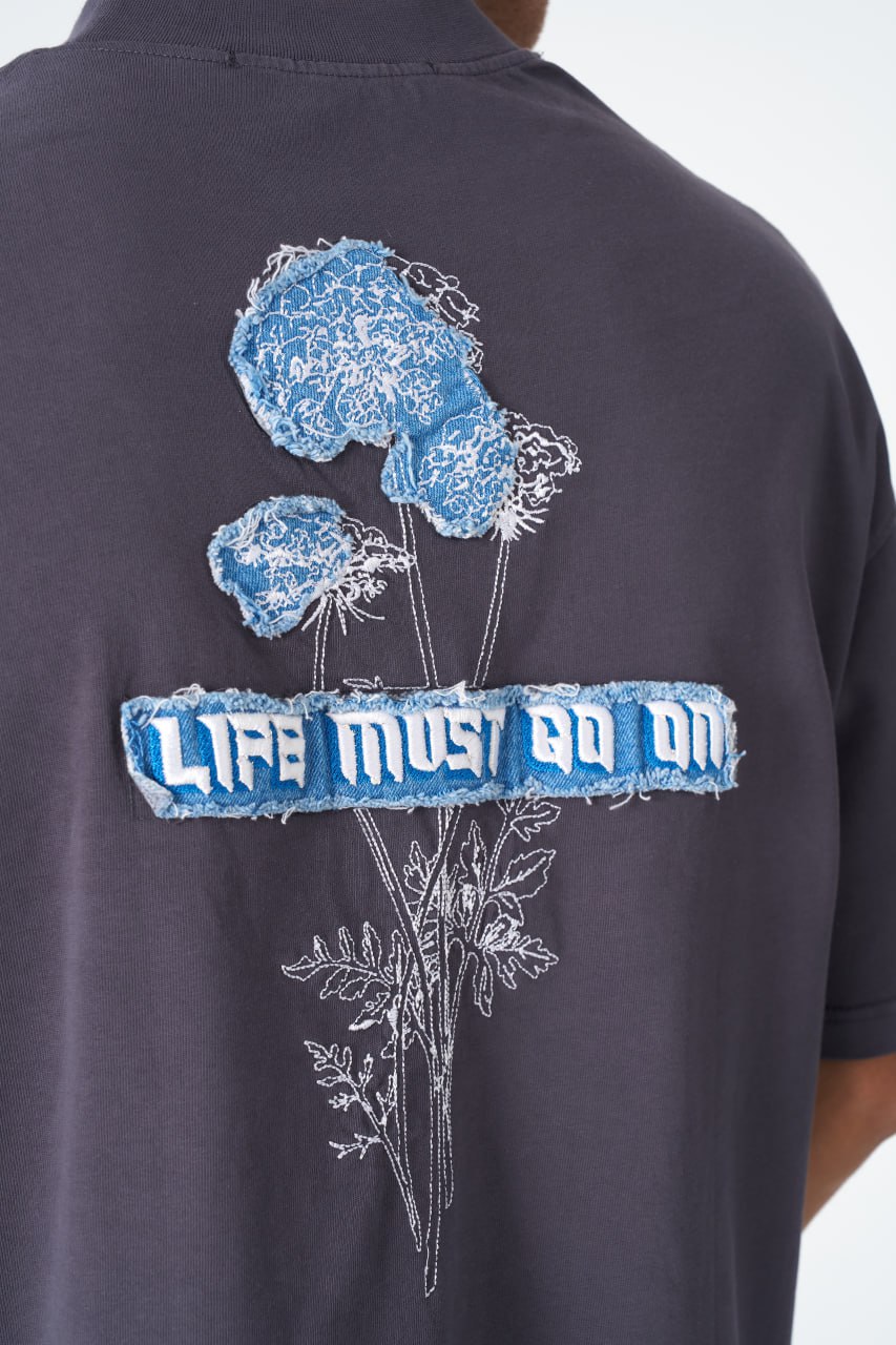 Oversize Cotton Tee - "Life Must Go On" Patch & Plant Graphic