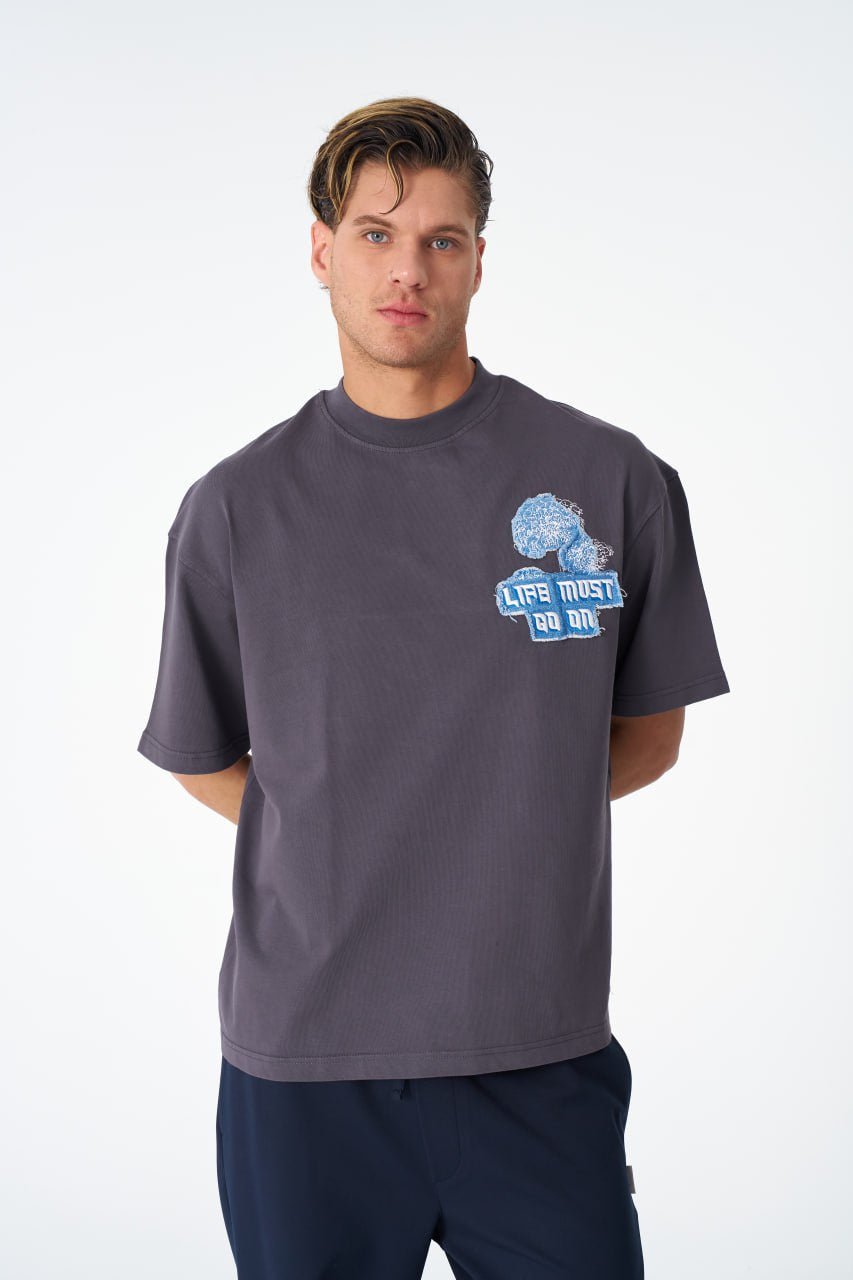 Oversize Cotton Tee - "Life Must Go On" Patch & Plant Graphic