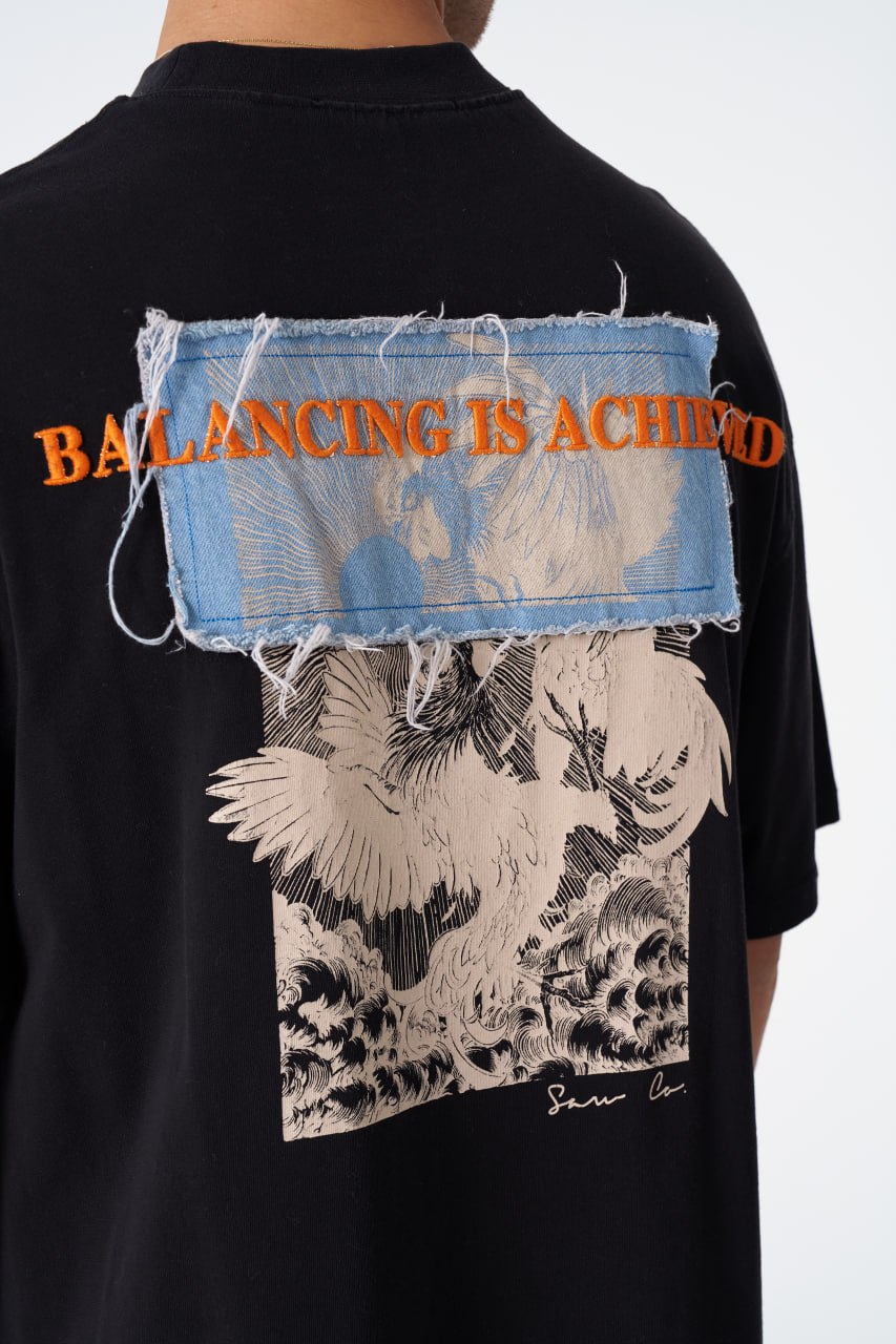 Oversize Cotton Tee / Mythical Bird & Waves Graphic Print "Balancing Is A Chaotic"