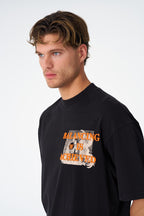 Oversize Cotton Tee / Mythical Bird & Waves Graphic Print "Balancing Is A Chaotic"