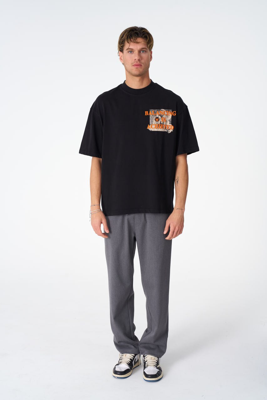 Oversize Cotton Tee / Mythical Bird & Waves Graphic Print "Balancing Is A Chaotic"