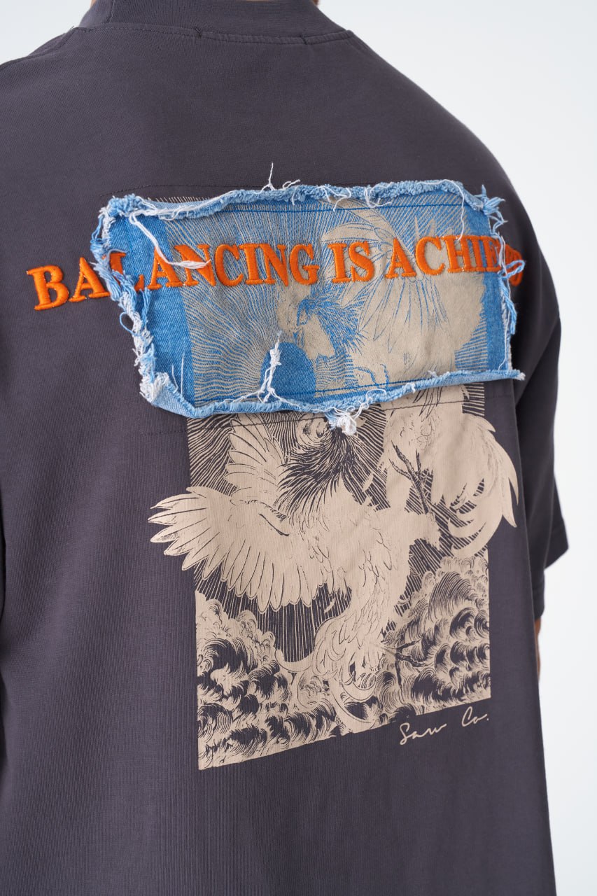 Oversize Cotton Tee / Mythical Bird & Waves Graphic Print "Balancing Is A Chaotic"
