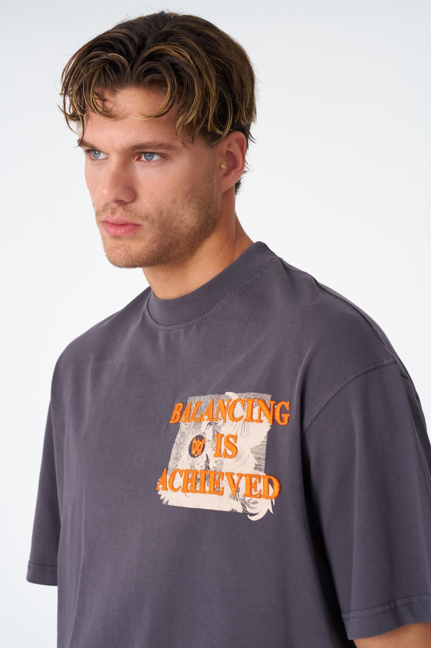 Oversize Cotton Tee / Mythical Bird & Waves Graphic Print "Balancing Is A Chaotic"