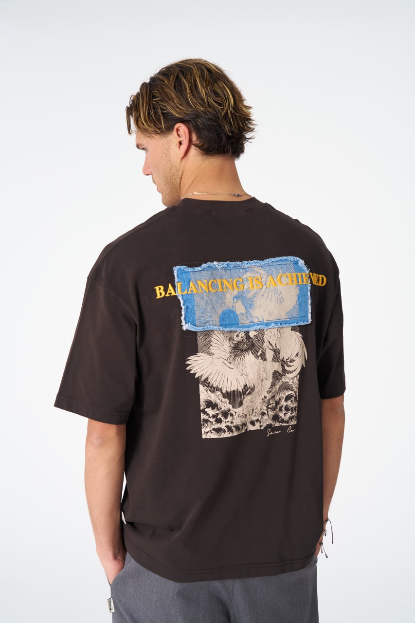 Oversize Cotton Tee / Mythical Bird & Waves Graphic Print "Balancing Is A Chaotic"