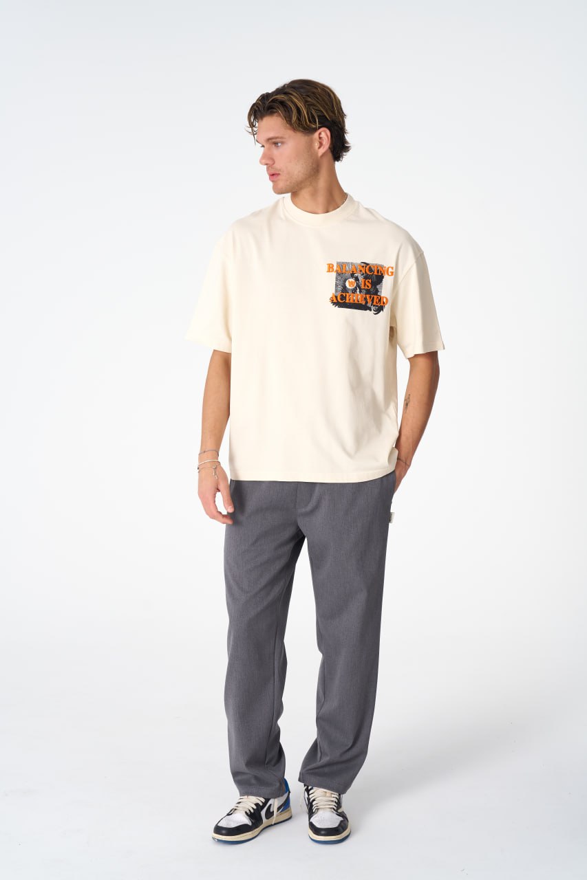 Oversize Cotton Tee / Mythical Bird & Waves Graphic Print "Balancing Is A Chaotic"