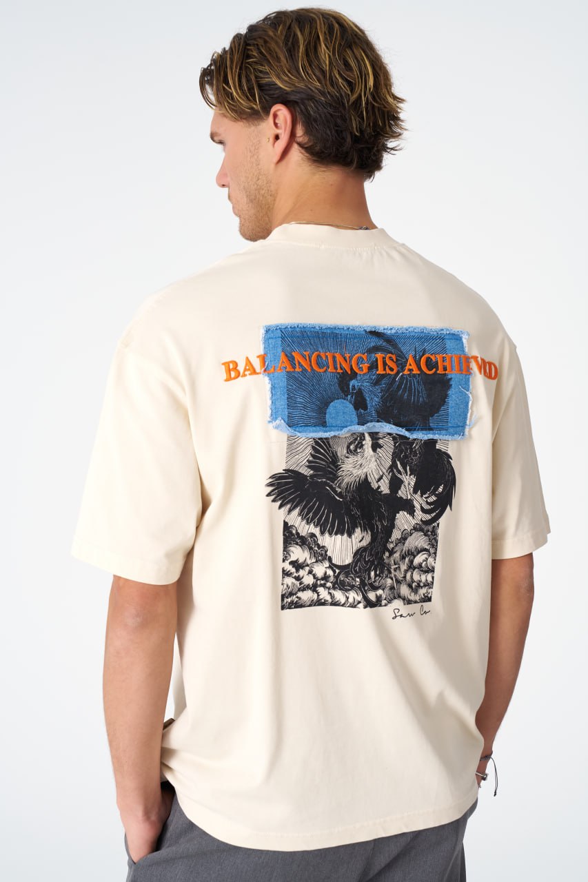 Oversize Cotton Tee / Mythical Bird & Waves Graphic Print "Balancing Is A Chaotic"