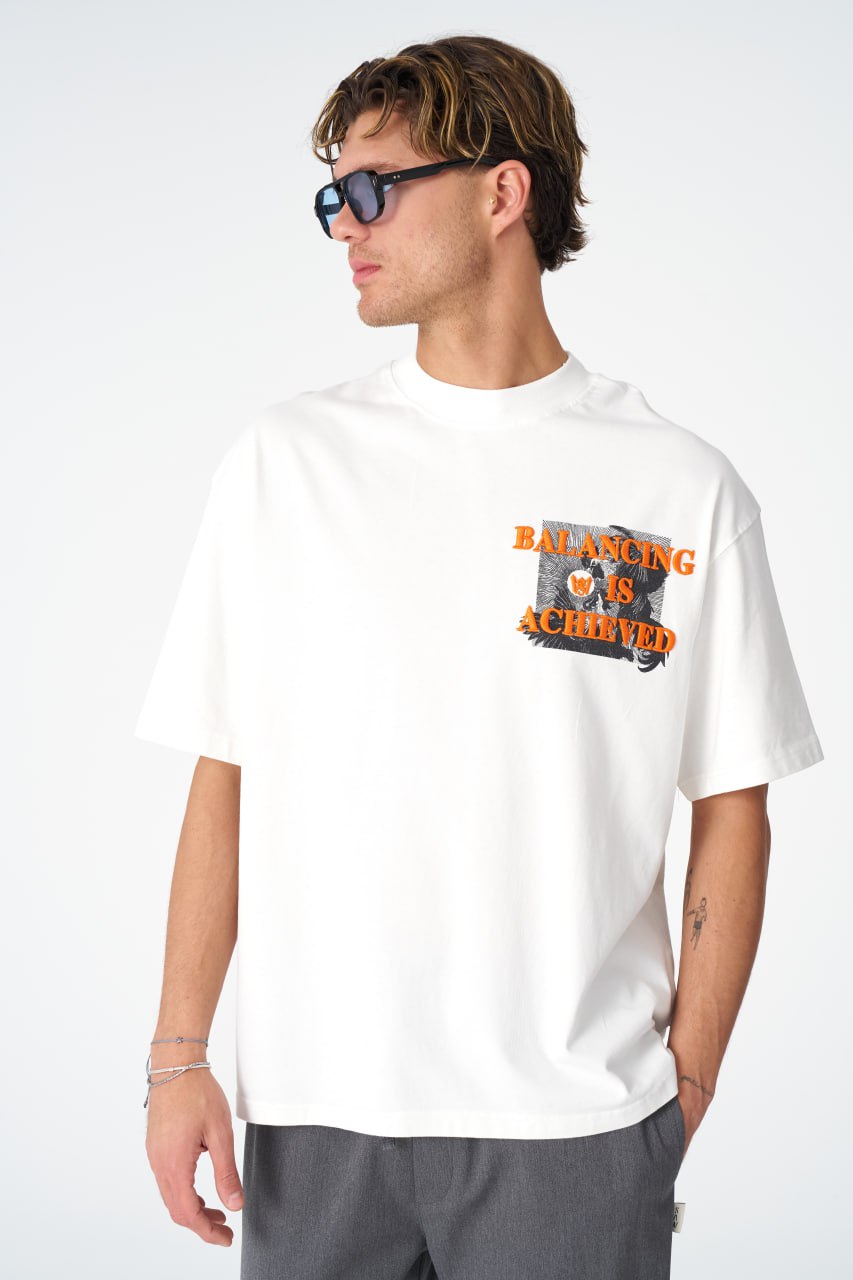 Oversize Cotton Tee / Mythical Bird & Waves Graphic Print "Balancing Is A Chaotic"