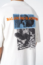 Oversize Cotton Tee / Mythical Bird & Waves Graphic Print "Balancing Is A Chaotic"