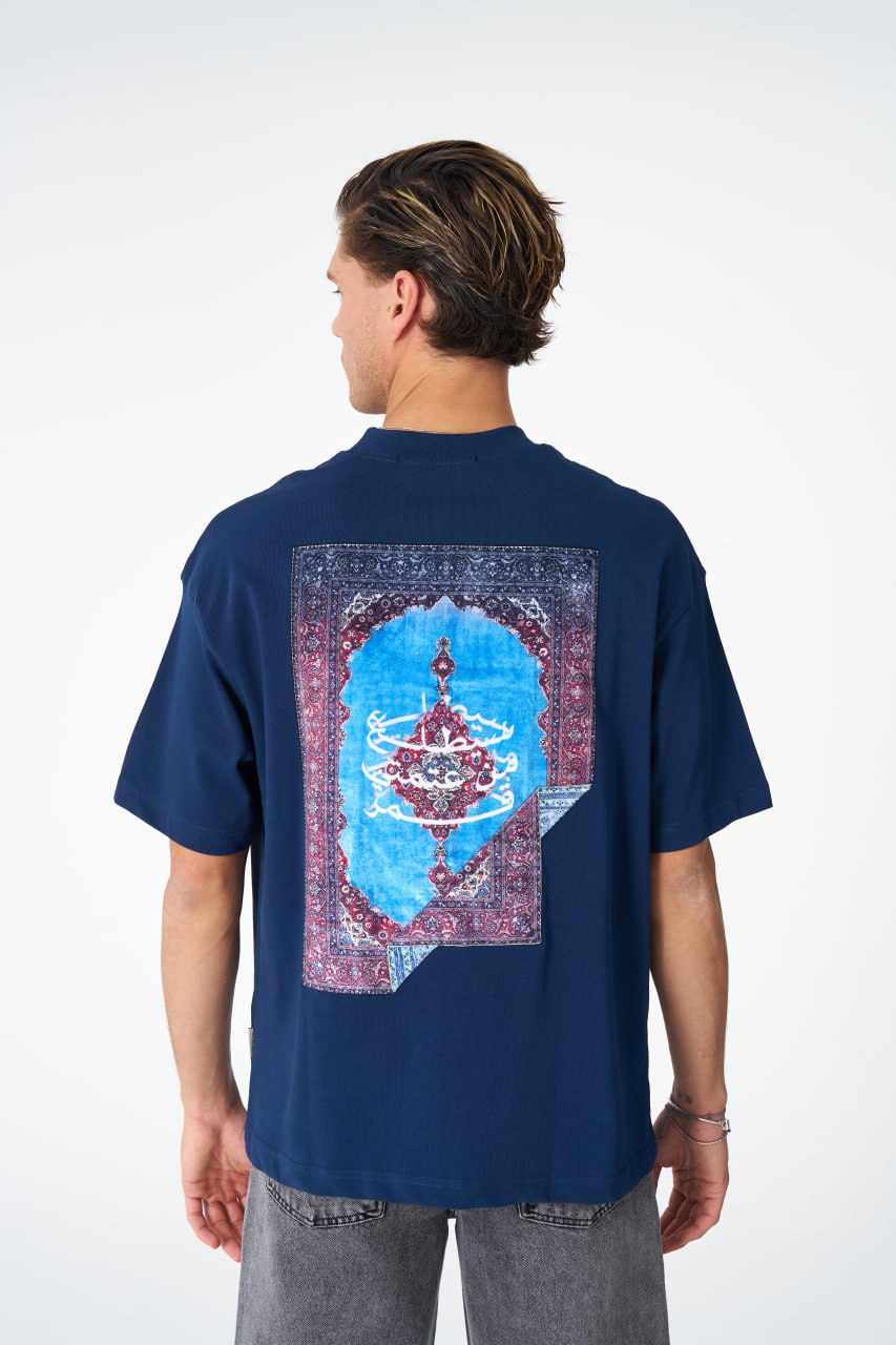 Oversize Cotton Tee / Oriental Rug Tapestry Graphic Print & Embroidery