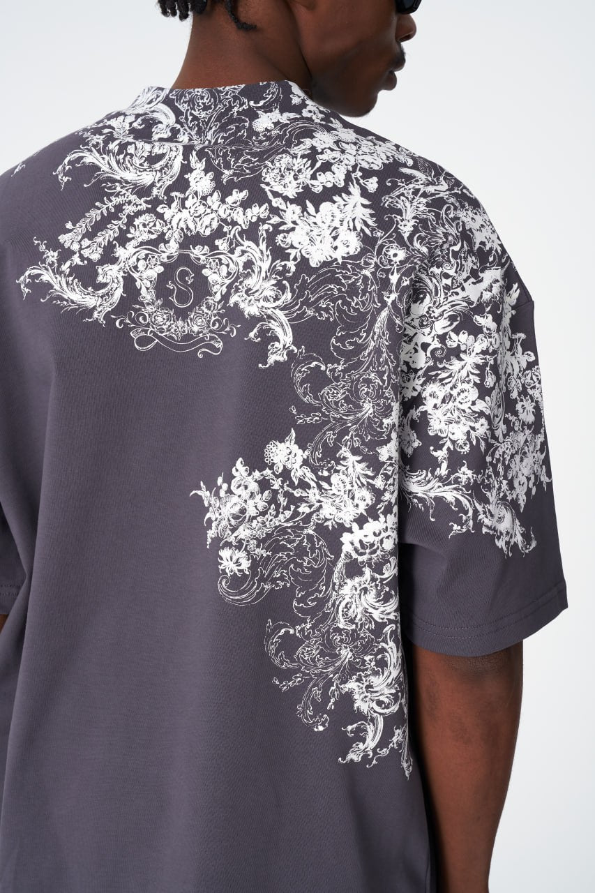 Oversize Cotton Tee / Ornate Baroque Style Graphic Print