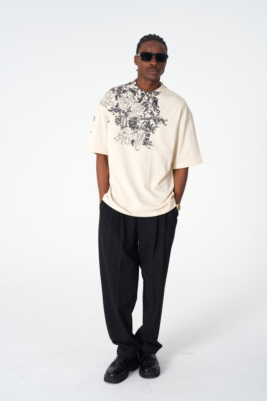 Oversize Cotton Tee / Ornate Baroque Style Graphic Print