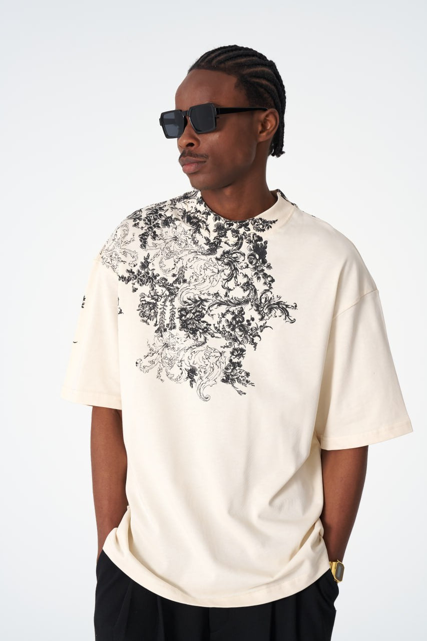Oversize Cotton Tee / Ornate Baroque Style Graphic Print