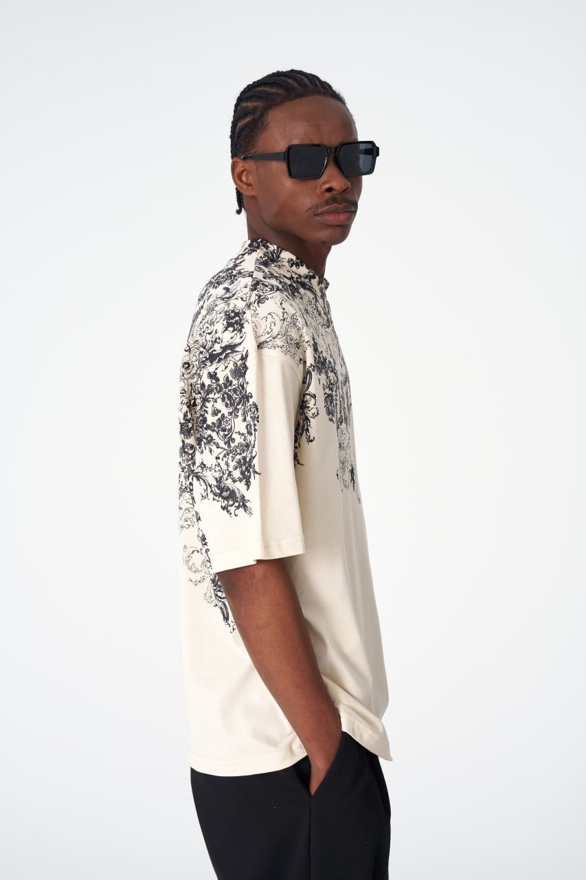 Oversize Cotton Tee / Ornate Baroque Style Graphic Print
