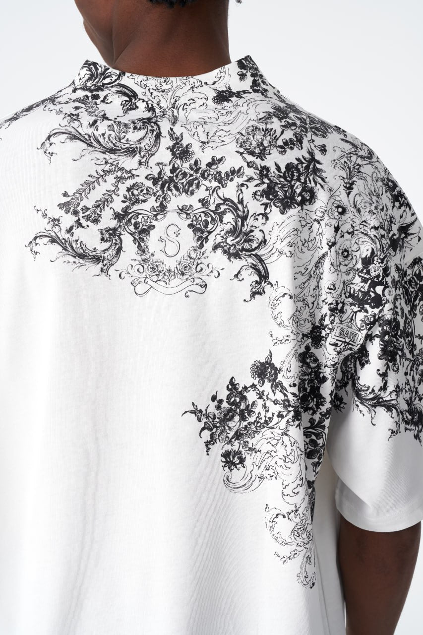 Oversize Cotton Tee / Ornate Baroque Style Graphic Print