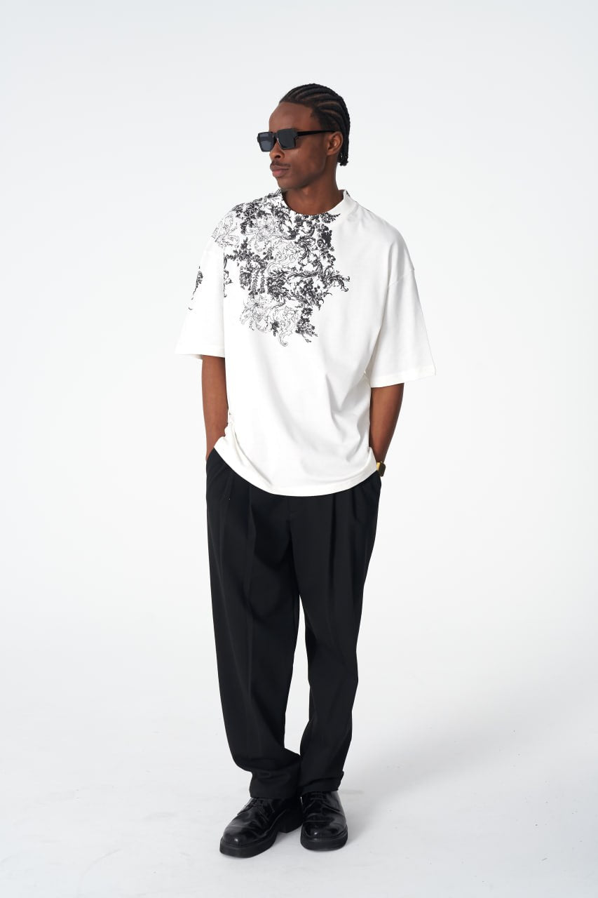 Oversize Cotton Tee / Ornate Baroque Style Graphic Print