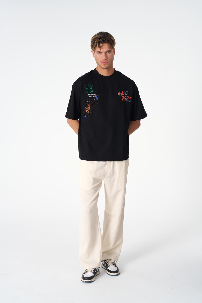 Oversize Cotton Tee / "Own Pace" Paint Splatter Graphic Print