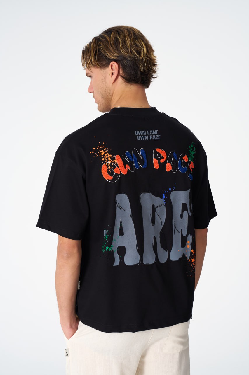 Oversize Cotton Tee / "Own Pace" Paint Splatter Graphic Print