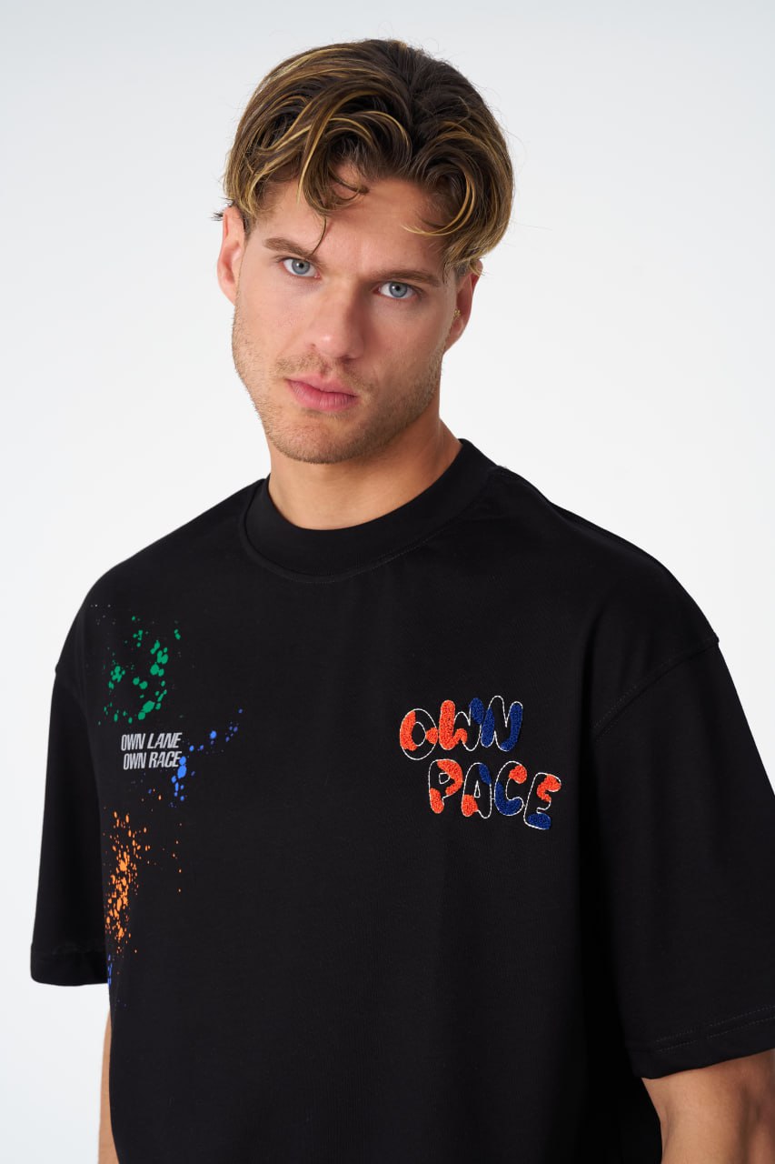 Oversize Cotton Tee / "Own Pace" Paint Splatter Graphic Print