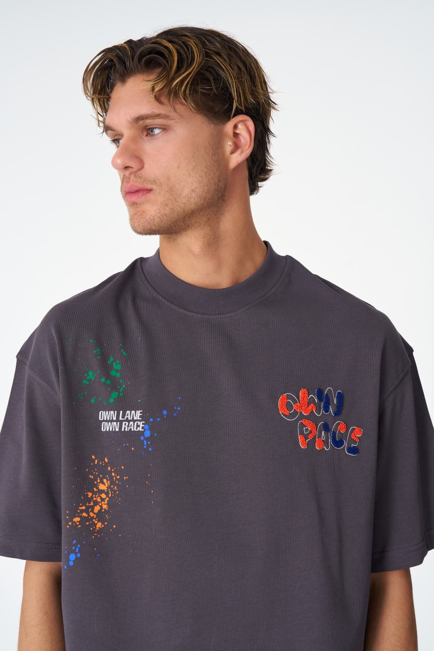 Oversize Cotton Tee / "Own Pace" Paint Splatter Graphic Print