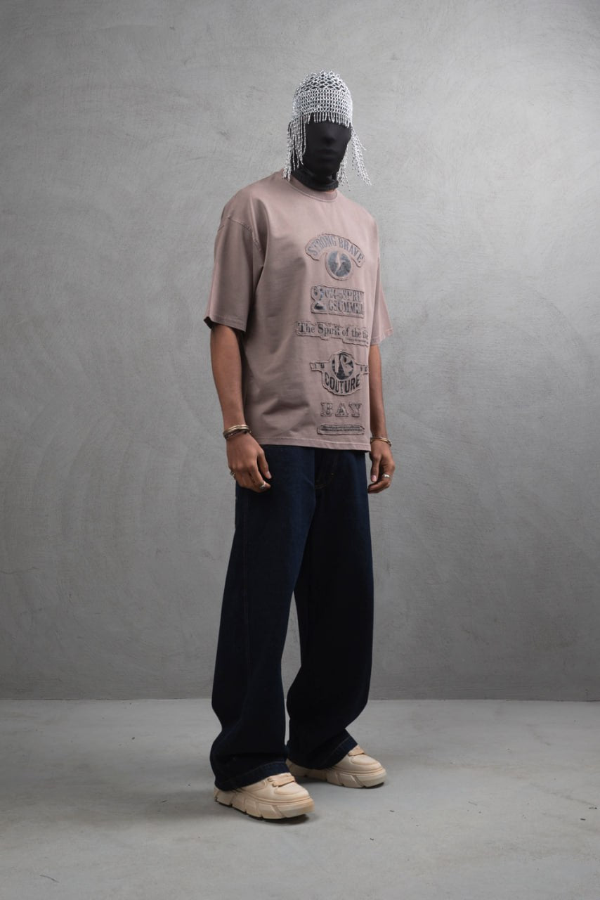 Oversize Cotton Tee - "Strong Brave Couture" Graphic Print