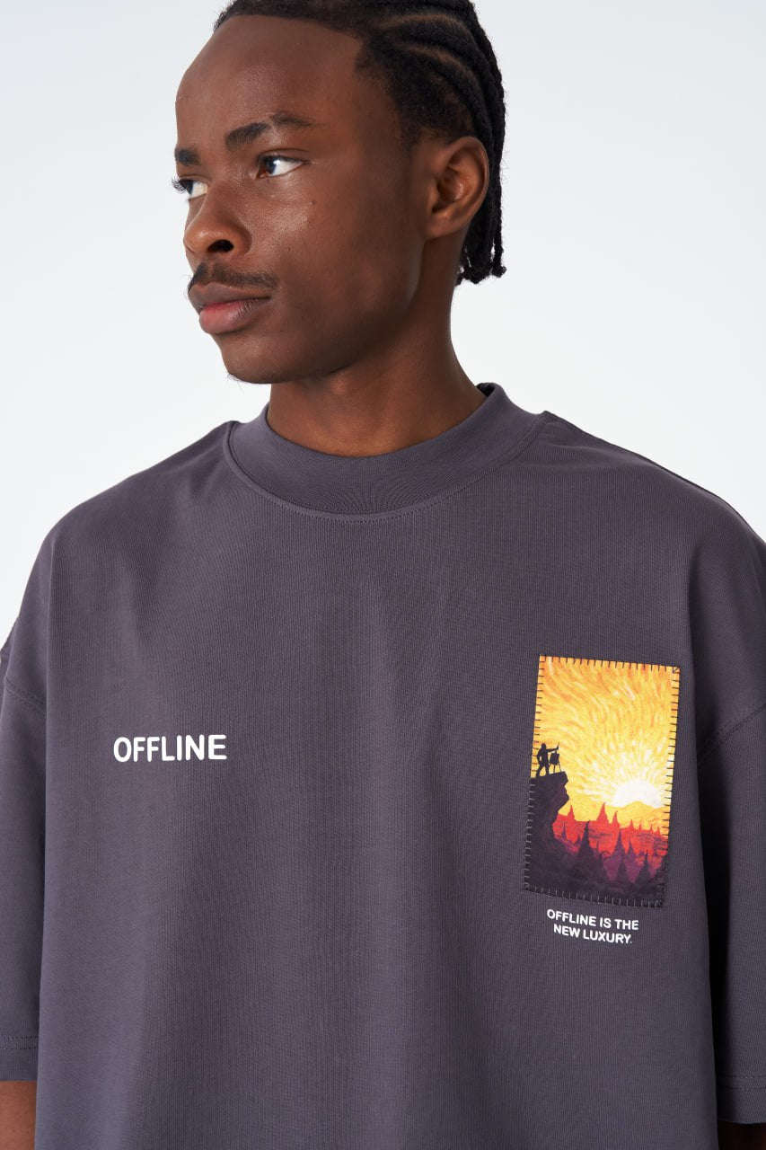 Oversize Cotton Tee / Sunset Birds & Boat Graphic Print "Offline Is The New Luxury"