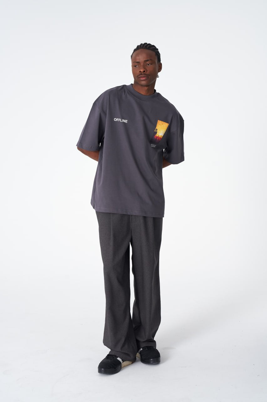 Oversize Cotton Tee / Sunset Birds & Boat Graphic Print "Offline Is The New Luxury"