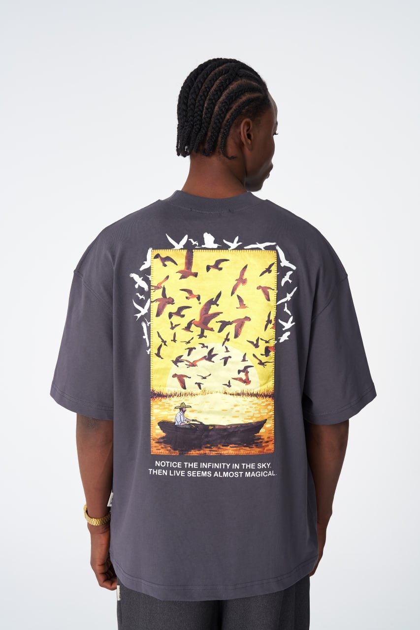 Oversize Cotton Tee / Sunset Birds & Boat Graphic Print "Offline Is The New Luxury"