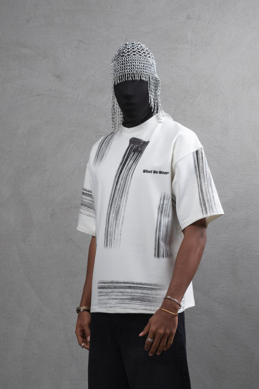 Oversize Graphic Cotton Tee - Abstract Vertical Stroke Print
