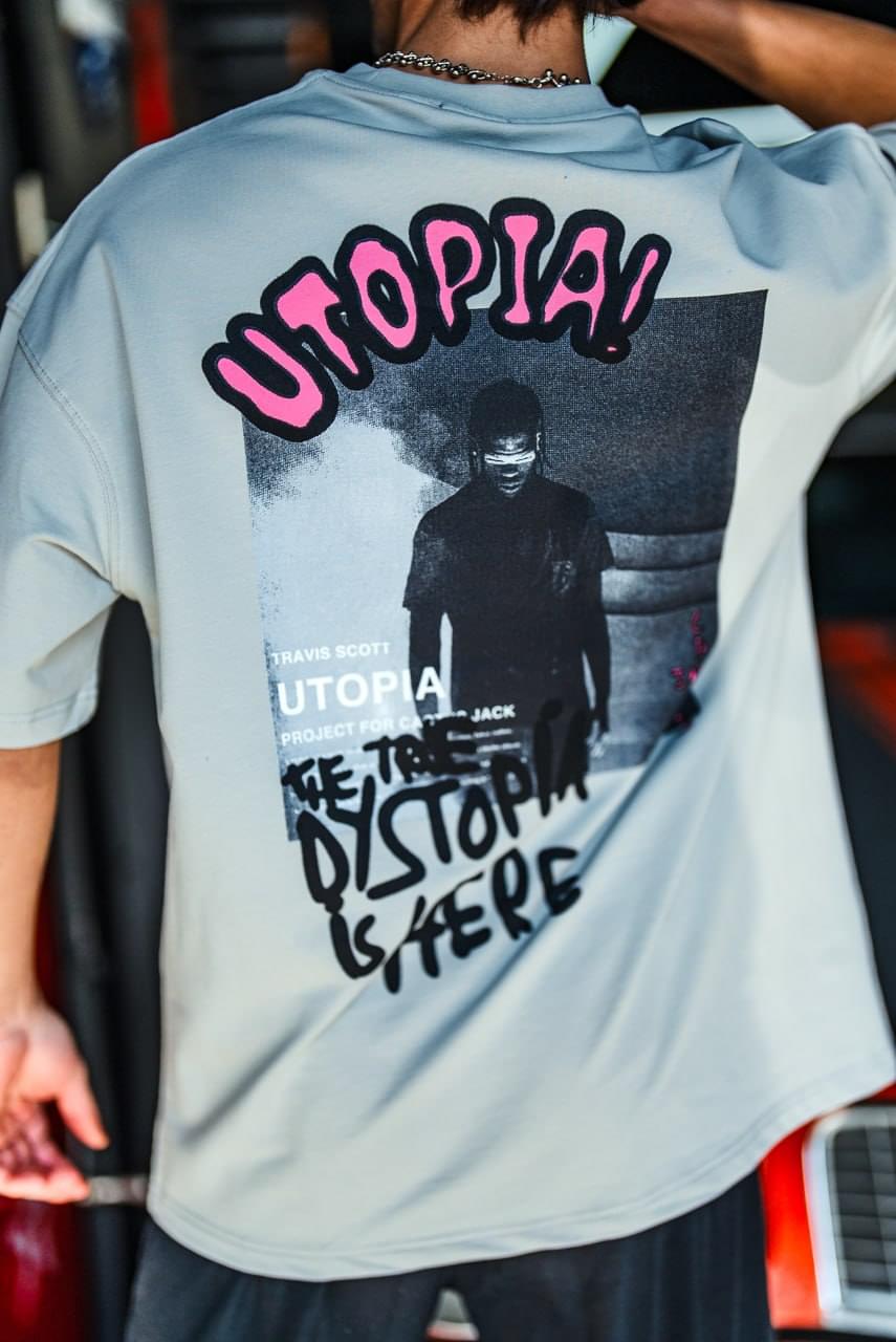 Oversize Graphic Cotton Tee – Travis Scott Utopia Dystopia Print.