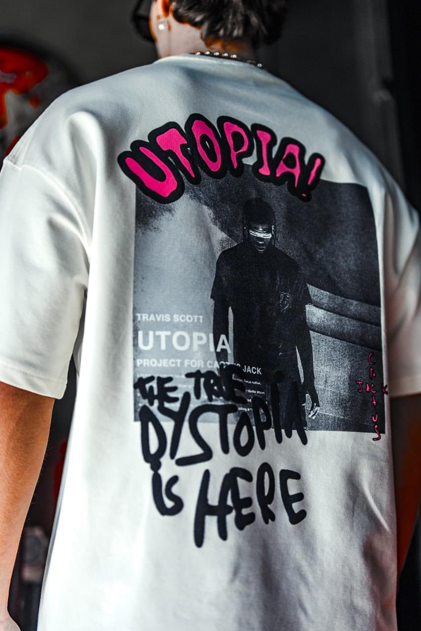 Oversize Graphic Cotton Tee – Travis Scott Utopia Dystopia Print.