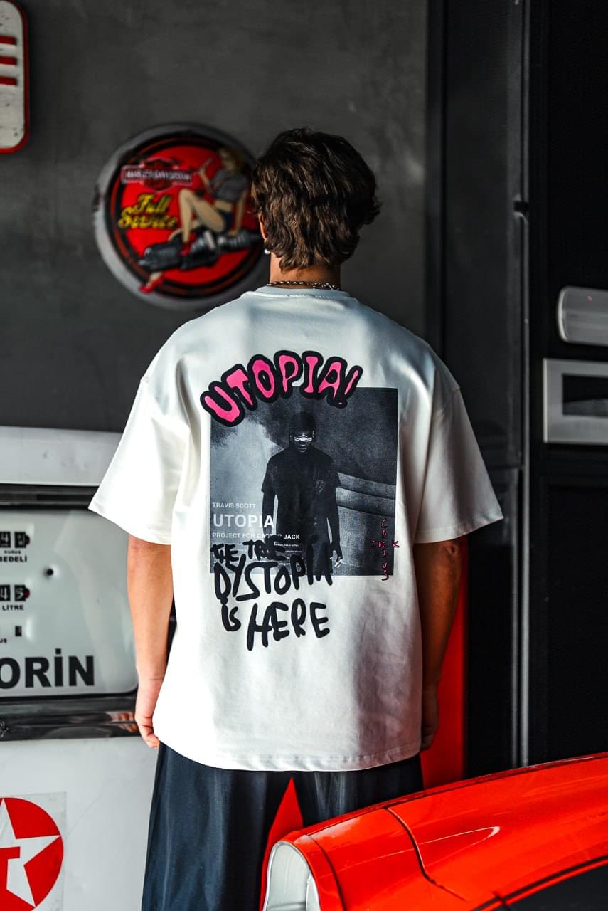 Oversize Graphic Cotton Tee – Travis Scott Utopia Dystopia Print.