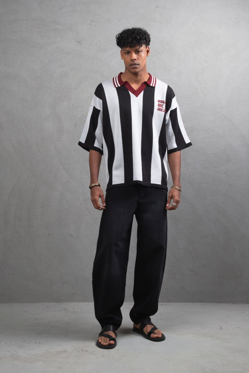 Oversize Striped Cotton Polo Tee – "What We Wear" Design Shirt