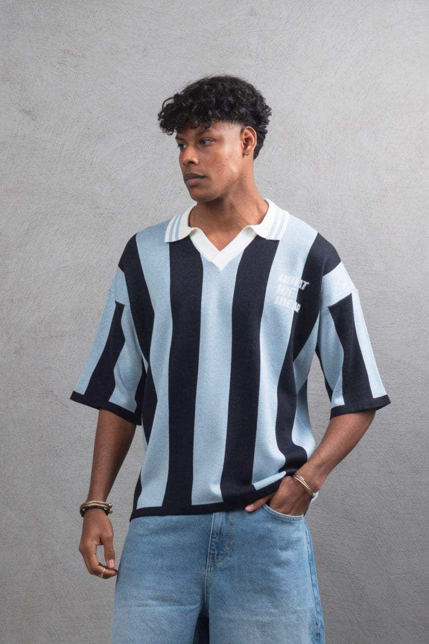 Oversize Striped Cotton Polo Tee – "What We Wear" Design Shirt