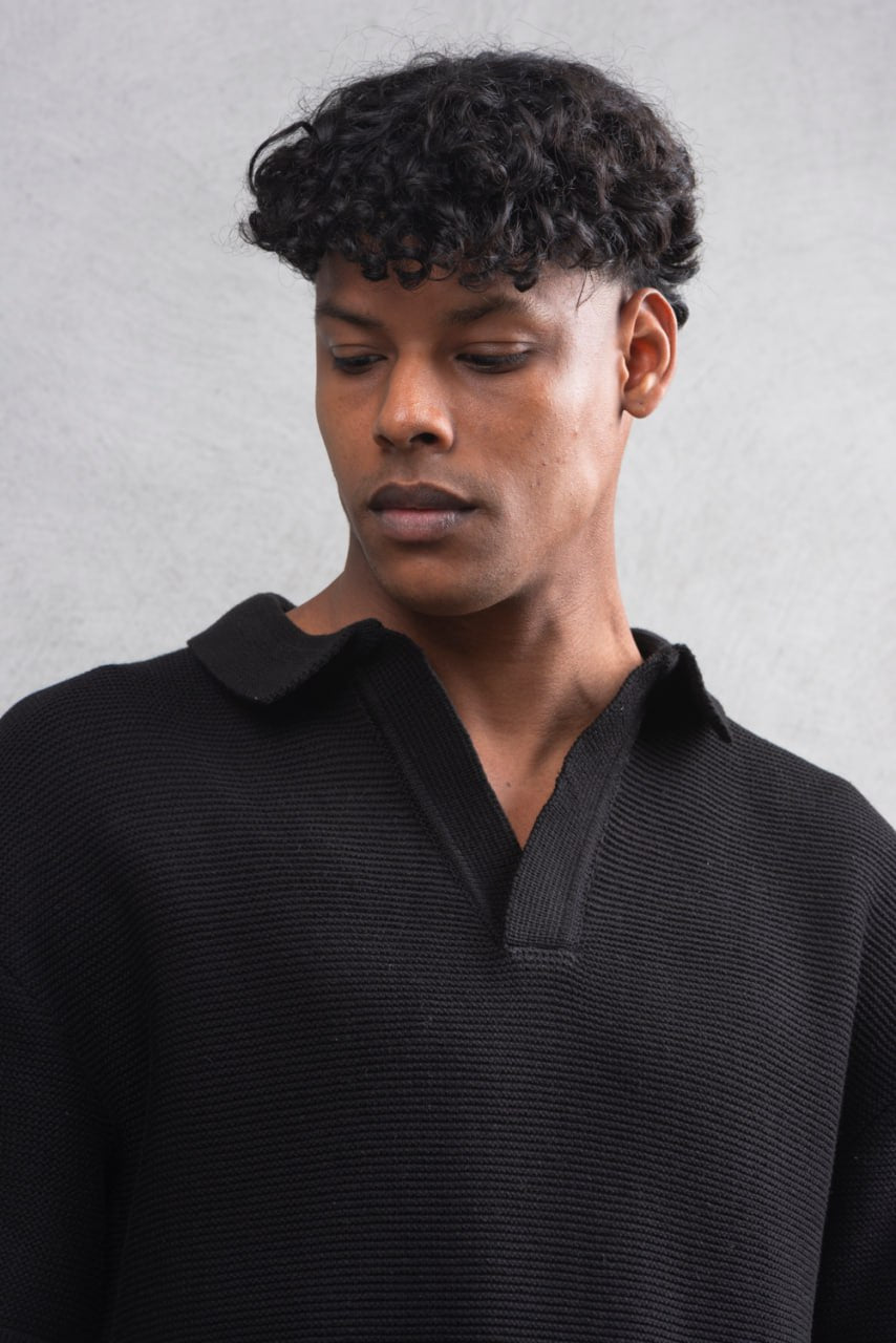 Oversize Textured Cotton Polo T-Shirt – Modern Casual Streetwear
