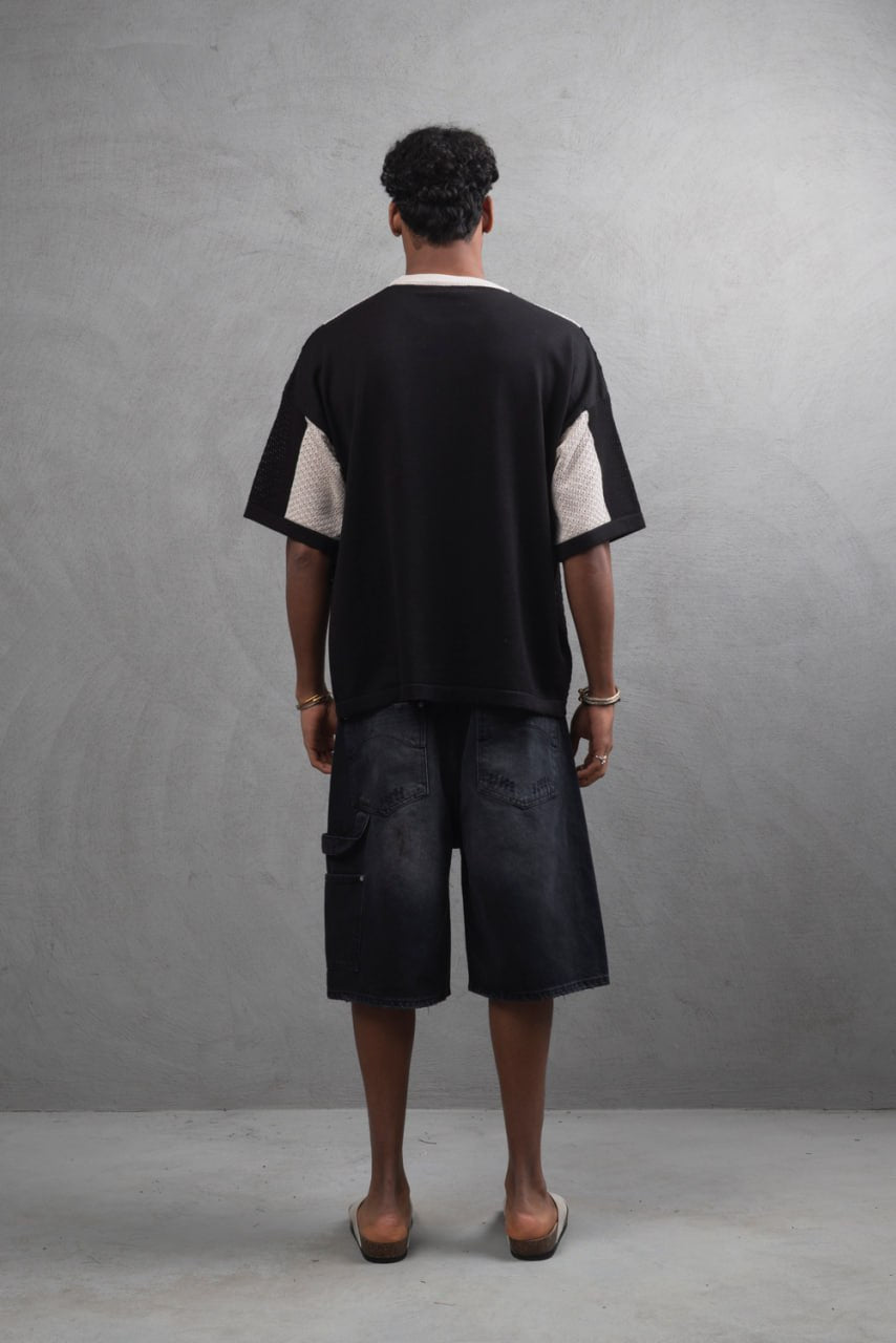 Oversize Textured Panel Cotton Tee – Vertical Striped Design