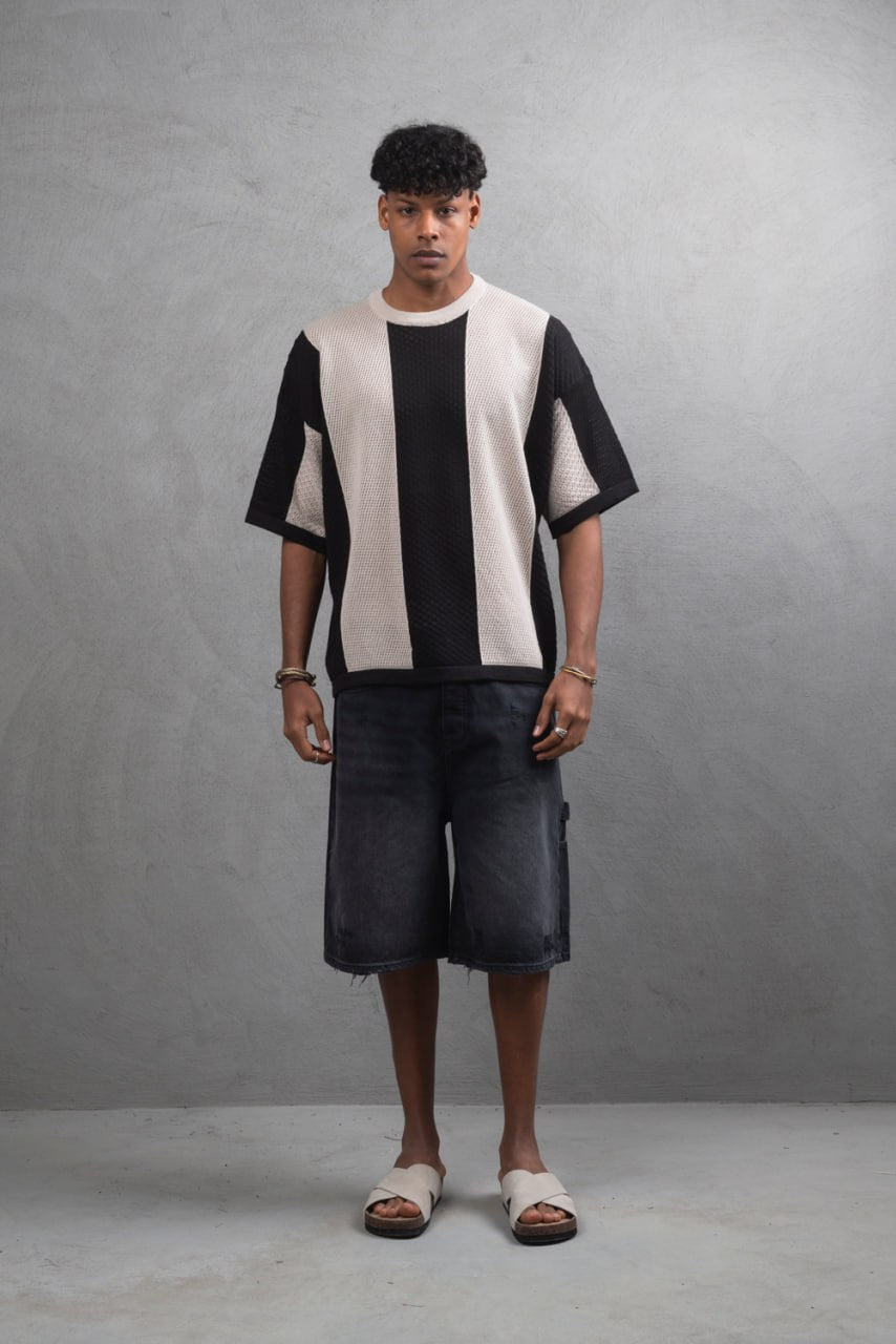 Oversize Textured Panel Cotton Tee – Vertical Striped Design