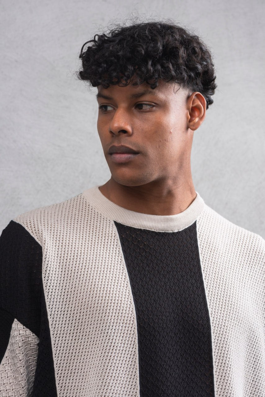 Oversize Textured Panel Cotton Tee – Vertical Striped Design