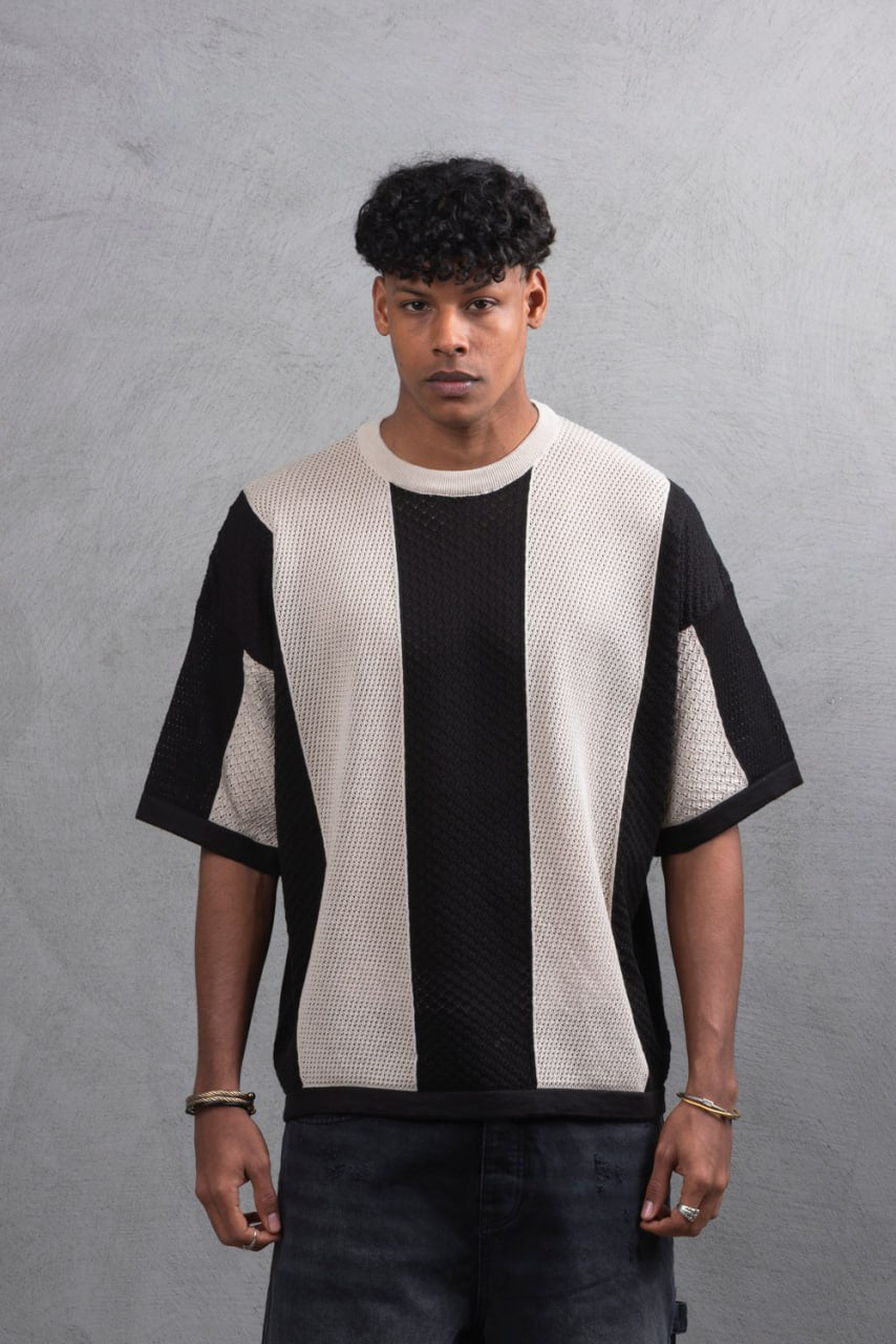 Oversize Textured Panel Cotton Tee – Vertical Striped Design